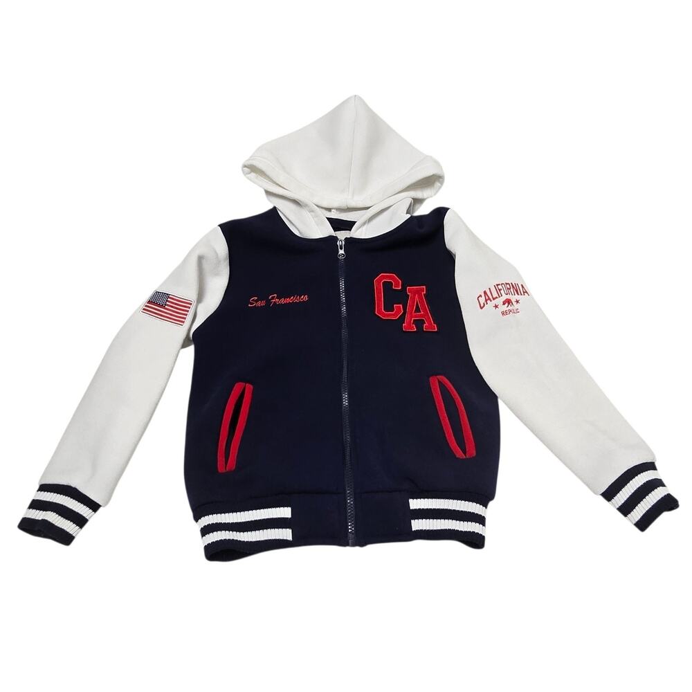 California Citywear Youth Jacket W/Hoodie Embroidered Patches Size 8 Blue White